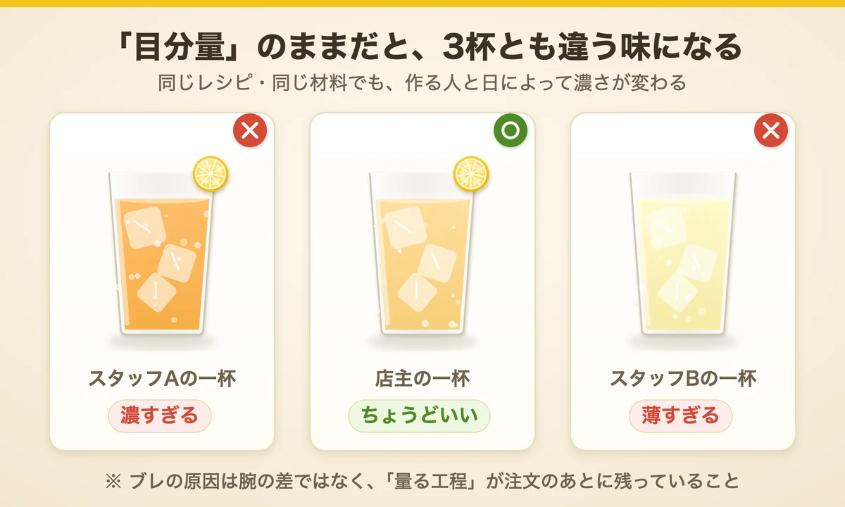 同じ目分量でも、スタッフによってレモンサワーの濃さが3杯とも違ってしまう図